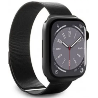 Czarny pasek Puro Milanese Magnetic Band do Apple Watch z magnetycznym zapięciem, założony na kopertę zegarka z widoczną tarczą analogową na białym tle.