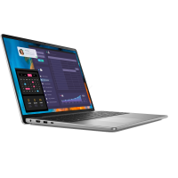 Srebrny notebook Dell Vostro 16 5640 z otwartą klapą, prezentujący interfejs systemu z kalendarzem i wykresami na ekranie, ujęty z boku z widocznymi portami.
