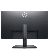 Monitor Dell E2225HS widziany od tyłu, prezentujący czarną obudowę z logo Dell, centralnie umieszczoną podstawę oraz panel z widocznymi portami połączeń.