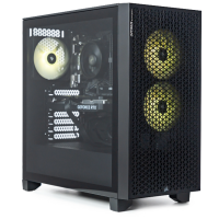 Komputer Optimus E-Sport GA520T-CR5 w czarnej obudowie z przeszklonym panelem bocznym, widocznym podświetleniem wentylatorów oraz napisem Optimus na froncie.