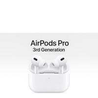Białe słuchawki Apple AirPods Pro 3. generacji z etui ładującym, nad którymi widnieje napis AirPods Pro 3rd Generation, ujęcie na wprost z widocznymi L i R.