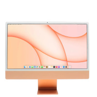 Apple iMac 24 z procesorem M1 w pomarańczowej obudowie, widok od przodu na ekran z systemem macOS i paskiem ikon aplikacji na jasnym tle.