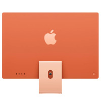 Apple iMac 24 z procesorem M1 w kolorze pomarańczowym, widok na tylną obudowę z logo Apple, podstawką, przyciskiem zasilania oraz portami na dole ekranu.