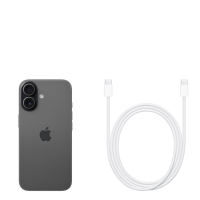 Czarny smartfon Apple iPhone 17 z tylną wyspą aparatów oraz dołączony do niego biały przewód USB-C do ładowania i przesyłu danych na jasnym tle.