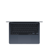 Widok z góry na otwartego laptopa Apple MacBook Air 13 z procesorem M4 w kolorze północ, prezentujący układ klawiatury QWERTY oraz zintegrowany gładzik.