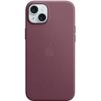 Etui Apple FineWoven w kolorze Mulberry do iPhone 15 Plus z widocznym logo Apple na środku plecków oraz charakterystyczną wyspą na dwa obiektywy aparatów.