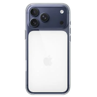 Przezroczyste etui Apple MagSafe na iPhone 17 Pro Max, widok na tylny panel z charakterystyczną wyspą aparatów oraz logo Apple na środku obudowy.