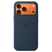 Granatowe etui silikonowe Apple do iPhone 17 Pro Max z kontrastową pomarańczową wyspą aparatów, widok na tylny panel z logo marki i systemem MagSafe.