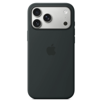 Czarne silikonowe etui Apple MagSafe do iPhone 17 Pro, widok na tylny panel z charakterystyczną wyspą aparatów o srebrnym wykończeniu i logo Apple.