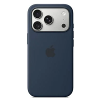 Granatowe etui silikonowe Apple MagSafe do iPhone 17 Pro z widoczną srebrną wyspą aparatów oraz centralnie umieszczonym logo producenta na pleckach.