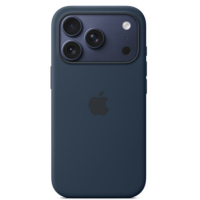 Granatowe silikonowe etui Apple MagSafe do iPhone 17 Pro, widok na tylną część obudowy z charakterystyczną wyspą aparatów oraz logo Apple na środku.