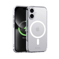 Przezroczyste etui Crong Clear MAG Cover do iPhone 16 z widocznym pierścieniem magnetycznym, prezentowane obok telefonu z aktywnym ładowaniem na ekranie.