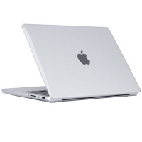 Przezroczysta obudowa Tech-Protect Smartshell na laptopie Apple MacBook Pro 14 2021, widok z profilu ukazujący porty oraz logo Apple na klapie urządzenia.
