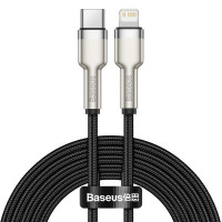 Czarny kabel Baseus USB-C do Lightning Cafule Metal o długości 2m z oplecionym przewodem, widoczne metalowe wtyki z logo marki oraz oznaczeniem mocy 20W.