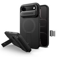 Czarne etui Tech-Protect Kevlar Aura MagSafe do iPhone Air z rozkładaną podstawką, widoczne w trzech ujęciach z wyspą aparatów i zestawem wymiennych ramek.