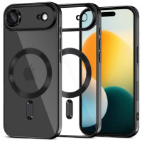 Czarne etui Tech-Protect Magflex MagSafe do iPhone Air w kolorze shine black, ukazane w trzech ujęciach prezentujących tył z pierścieniem magnetycznym i profil.