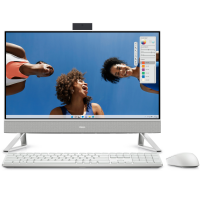 Komputer Dell Inspiron 7730 27 AIO z ekranem dotykowym, białą klawiaturą i myszką, prezentujący na wyświetlaczu interfejs edycji grafiki z trzema osobami.