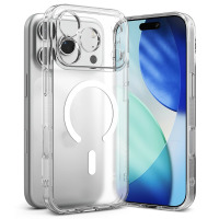 Przezroczyste etui Ringke Fusion MagSafe do iPhone 17 Pro Max z widocznym magnetycznym pierścieniem oraz telefonem ustawionym pod kątem ukazującym ekran.