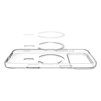 Przezroczyste etui Spigen Liquid Crystal MagSafe do iPhone 17 Pro w widoku rozstrzelonym, prezentujące strukturę magnetycznego pierścienia oraz logo marki.