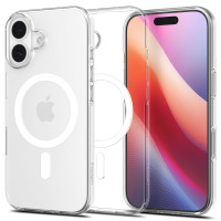 Przezroczyste etui Spigen Liquid Crystal MagSafe do iPhone 17 z widocznym pierścieniem magnetycznym, wyspą aparatów oraz telefonem w ujęciu izometrycznym.