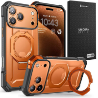 Koralowe etui Supcase UB Grip Mag do iPhone 17 Pro Max z wyspą aparatów, podstawką MagSafe i czarnym opakowaniem Unicorn Beetle w tle.