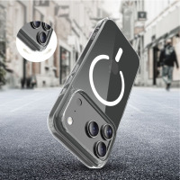 Przezroczyste etui Tech-Protect Flexair Hybrid MagSafe do iPhone 17 Pro z widocznym pierścieniem magnetycznym i wzmocnionymi narożnikami na miejskim tle.