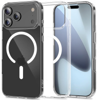 Przezroczyste etui Tech-Protect Flexair Hybrid MagSafe do iPhone 17 Pro z widocznym pierścieniem magnetycznym na pleckach oraz wycięciem na trzy aparaty.