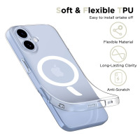 Przezroczyste etui Tech-Protect Flexair MagSafe do iPhone 17 z widocznym pierścieniem magnetycznym, prezentujące elastyczny materiał TPU i wyspę aparatów.