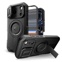 Czarne etui Tech-Protect Kevlar MagSafe do iPhone 17 Pro z przesuwną osłoną aparatu, zintegrowanym pierścieniem magnetycznym oraz rozkładaną podstawką.