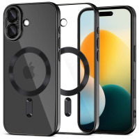 Czarne etui Tech-Protect Magflex z pierścieniem MagSafe do iPhone 17, prezentowane w rozłożeniu na trzy elementy ukazujące tył, ramkę oraz przód urządzenia.