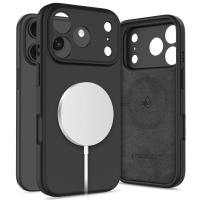 Czarne etui silikonowe Tech-Protect do iPhone 17 Pro z magnetycznym pierścieniem MagSafe, widok na tył z wyspą aparatów oraz wnętrze z logo marki.