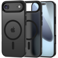 Matowe czarne etui Tech-Protect MagMat z pierścieniem MagSafe do iPhone Air, ukazujące tył z wycięciem na aparat oraz profil z widocznymi przyciskami.