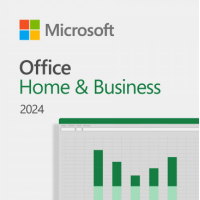 Logo Microsoft Office Home & Business 2024 na jasnym tle, poniżej którego widoczny jest fragment wykresu słupkowego w arkuszu kalkulacyjnym Excel.