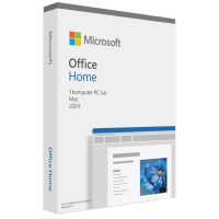 Pudełko z oprogramowaniem Microsoft Office 2024 Home dla PC lub Mac, prezentujące logo producenta oraz podgląd interfejsu aplikacji z motywem niebieskich