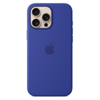 Silikonowe etui Apple w kolorze ultramaryna do iPhone 16 Pro Max z widocznym logo Apple na środku oraz wycięciem na potrójny aparat z tyłu urządzenia.
