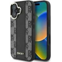 Czarne etui DKNY w szachownicę do iPhone 16 z widoczną złotą ramką wokół wyspy aparatów oraz logotypem marki na dolnej części plecków akcesorium.