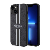 Czarne etui Guess 4G z logo i pionowym pasem do iPhone 14, ukazujące tył z wyspą aparatów oraz profil telefonu z widocznym ekranem w odcieniach niebieskiego.