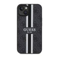 Czarne etui Guess 4G z logo i pionowym pasem do iPhone 14, widok na tył urządzenia z wycięciem na wyspę aparatów oraz nadrukiem Guess Est. 1981.