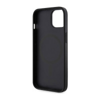 Czarne etui Guess 4G do iPhone 14 z wbudowanym pierścieniem MagSafe, ukazane od wewnętrznej strony z wycięciem na wyspę aparatów i bocznymi przyciskami.