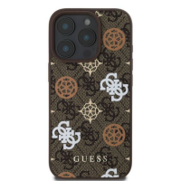 Brązowe etui Guess Peony On 4G z MagSafe do iPhone 16 Pro, ozdobione wzorem z logo marki, kwiatami i napisem Guess, z widocznym wycięciem na trzy aparaty.
