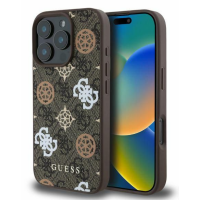 Brązowe etui Guess Peony On 4G z logo marki do iPhone 16 Pro, ukazujące wzorzysty tył z wyspą aparatów oraz profil telefonu z widocznym ekranem.