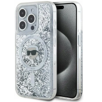 Przezroczyste etui Karl Lagerfeld Liquid Glitter z brokatem do iPhone 15 Pro, z widocznym logo marki i grafiką postaci na okręgu MagSafe oraz wyspą aparatów.