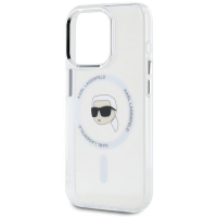 Białe etui Karl Lagerfeld IML Metal MagSafe do iPhone 15 Pro z nadrukiem postaci projektanta wewnątrz magnetycznego pierścienia i wycięciem na aparat.