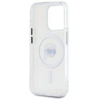 Przezroczyste etui Karl Lagerfeld do iPhone 15 Pro z białym okręgiem MagSafe oraz nadrukiem ikonicznej postaci projektanta w okularach na pleckach.