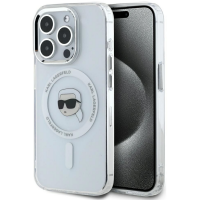 Białe etui Karl Lagerfeld IML Metal MagSafe do iPhone 15 Pro z nadrukiem głowy projektanta w okularach, widoczne od strony plecków z wyspą aparatów.