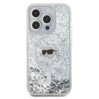 Przezroczyste etui Karl Lagerfeld Liquid Glitter z MagSafe do iPhone 15 Pro, wypełnione srebrnym brokatem z nadrukiem postaci projektanta na środku obudowy.