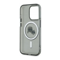 Czarne etui Karl Lagerfeld IML Metal MagSafe do iPhone 15 Pro z półprzezroczystym wykończeniem i nadrukiem postaci Karla Lagerfelda oraz kota Choupette.