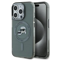 Czarne etui Karl Lagerfeld IML Metal MagSafe do iPhone 15 Pro z grafiką Karla Lagerfelda i kota Choupette, widok na tył z wyspą aparatów i profil.