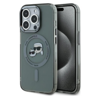 Czarne etui Karl Lagerfeld IML Metal MagSafe do iPhone 15 Pro Max z nadrukiem postaci projektanta i kota, widoczna wyspa aparatów oraz pierścień magnetyczny.