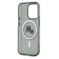 Czarne etui Karl Lagerfeld IML Metal MagSafe do iPhone 15 Pro Max z półprzezroczystym wykończeniem i nadrukiem postaci projektanta oraz kota na środku.